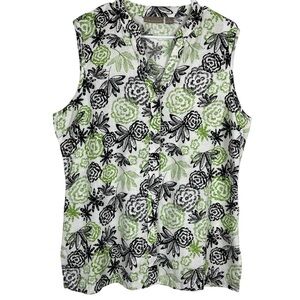 100% Linen Women’s Green & Black Button Up Floral Sleeveless Blouse Size XL